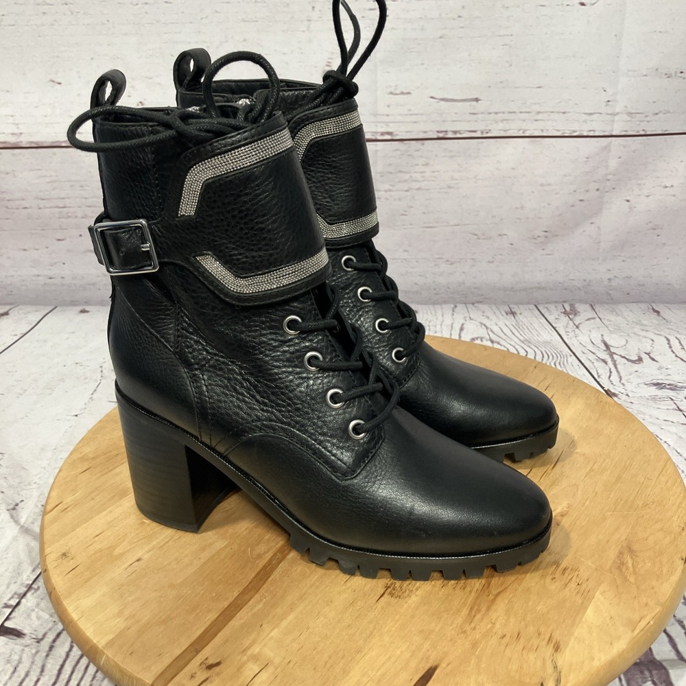 Paige Black Leather Combat Boots Lug Sole Lace Up Buckle Womens Size 6 NWOB